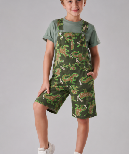 Dino Adventure Printed Cotton Dungaree Set – Green