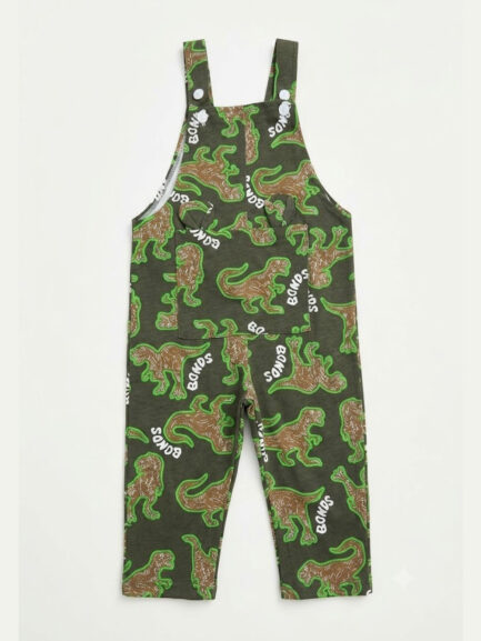 Dino Adventure Printed Cotton Dungaree Set – Green