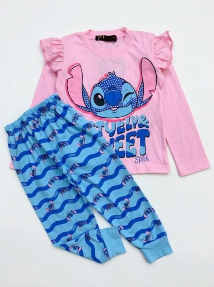 Girls' Disney Stitch Ruffle Pink & Blue Pajama Set