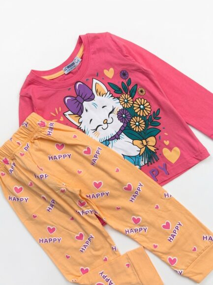 Girls' Floral Cat & Hearts Long Pajama Set