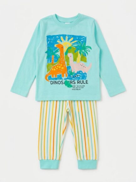 Boys' Turquoise Dinosaur Striped Long Pajama Set