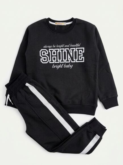 Kids' Black "SHINE" Sweatshirt & Side-Stripe Joggers Set