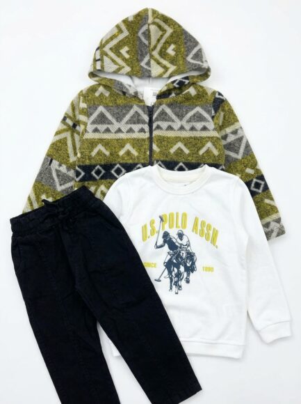 Boys' 3-Piece Patterned Zip Hoodie, Graphic Top & Black Pants Set