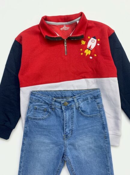 Boys' Colorblock Space Rocket Half-Zip Sweatshirt & Jeans Set
