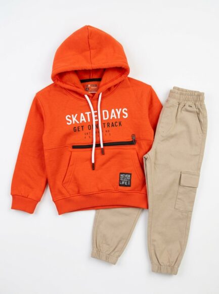 Boys' Orange "SKATE DAYS" Hoodie & Beige Cargo Pants Set