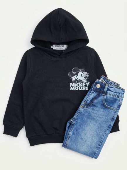 Boys' Black Mickey Mouse Hoodie & Acid-Wash Jeans Set