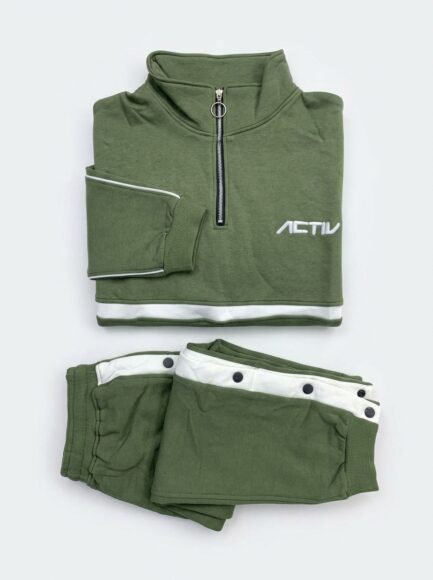 Kids' Olive Green Half-Zip Tracksuit with Snap Button Details