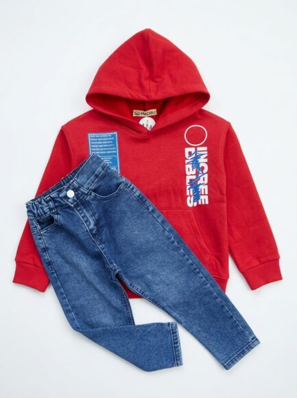 Boys' Red Graphic Hoodie & Blue Denim Jeans Set