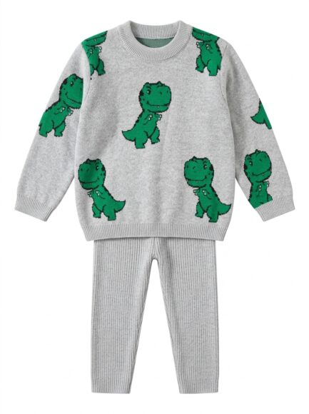 Toddler Boys' Grey Dinosaur Knit Sweater & Ribbed Pants Set