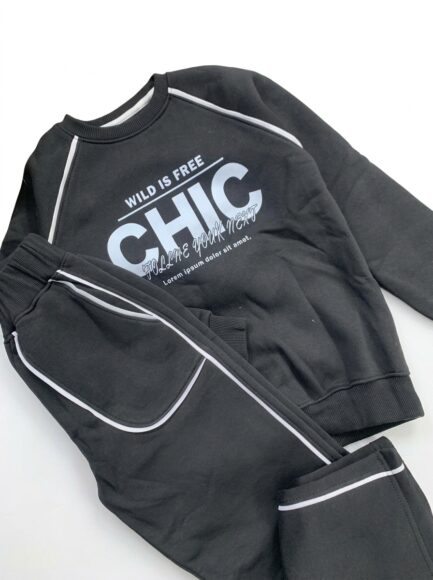 Kids' Black "WILD IS FREE CHIC" Piping Detail Sweatshirt & Joggers Set