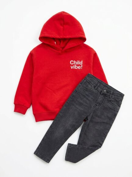 Kids' Red "Child vibe!" Hoodie & Washed Black Jeans Set