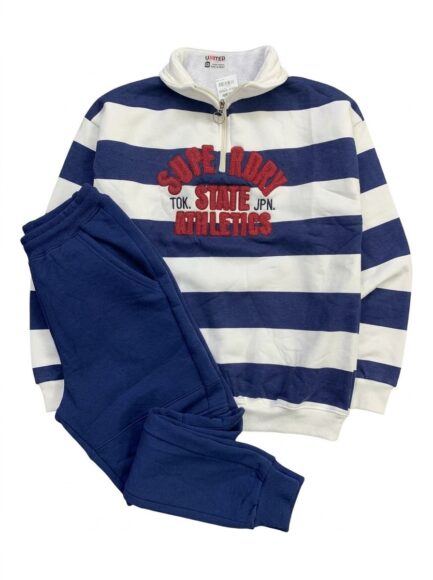 Kids' Navy & White Striped Half-Zip Tracksuit Set