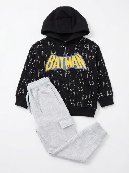 Kids' Black Batman Graphic Hoodie & Grey Cargo Joggers Set