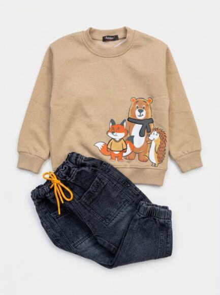 Boys' Beige Forest Animals Sweatshirt & Washed Denim Jeans Set