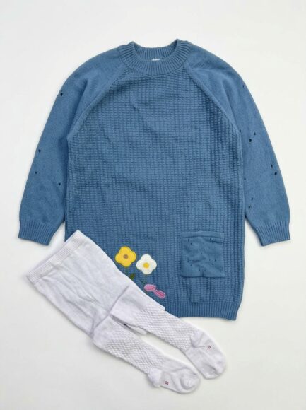 Girls' Blue Knit Sweater Dress & Tights Set