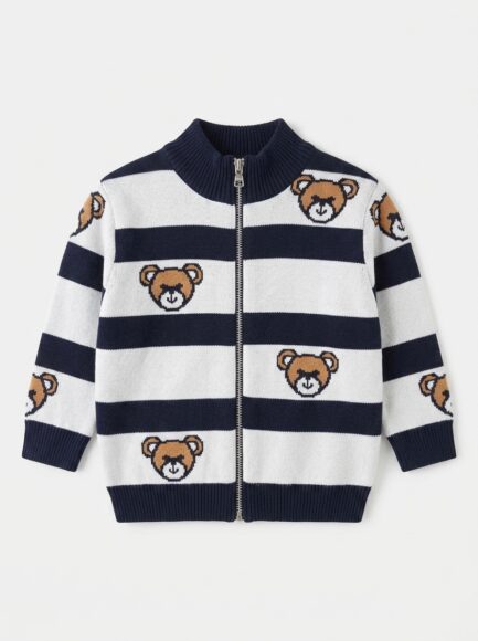 Kids' Striped Bear Knit Zip-Up Cardigan
