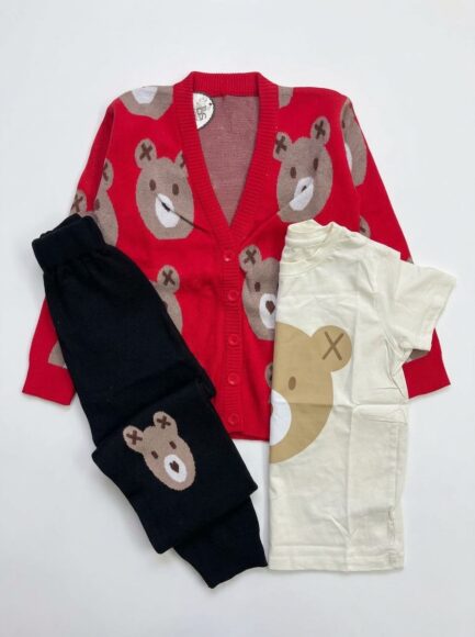 Kids' 3-Piece Bear Cardigan, T-Shirt & Pants Set