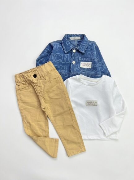 Boys' 3-Piece Printed Denim Jacket, Top & Chino Pants Set