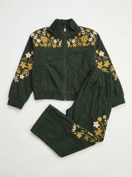 Girls' Olive Green Embroidered Corduroy Tracksuit Set