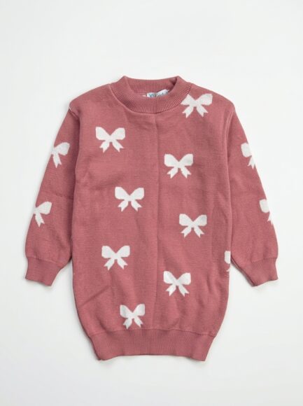 Girls' Dusty Pink Bow Pattern Knit Sweater Dress