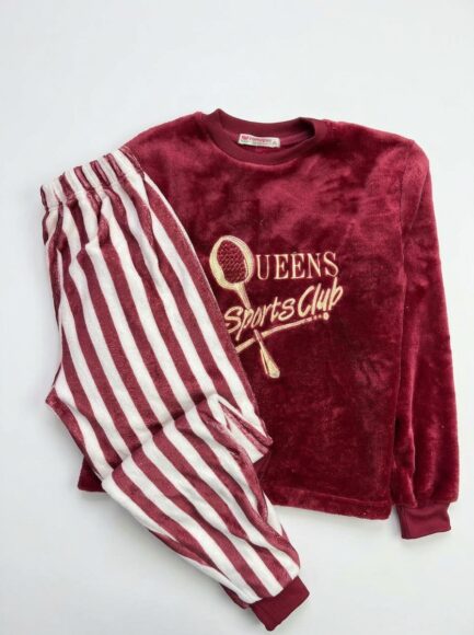 Kids' Maroon Plush "Queens Sports Club" Pajama Set