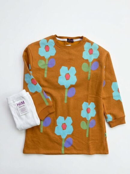 Girls' Mustard Floral Sweatshirt Dress & Tights Set