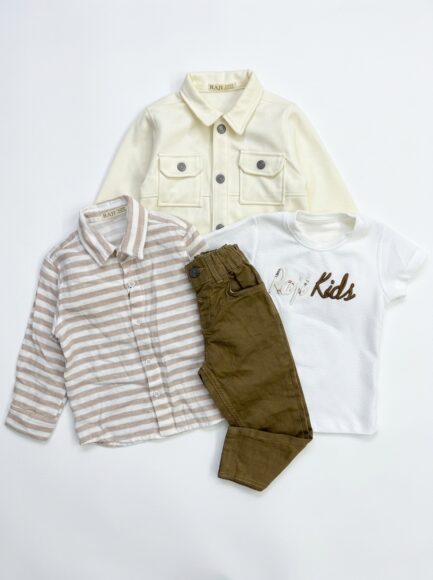 Boys' 4-Piece Cream Jacket, Striped Shirt, Tee & Chino Pants Set