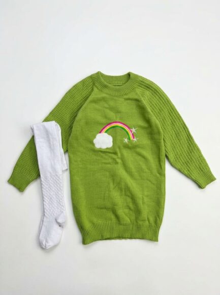 Girls' Lime Green Rainbow Knit Sweater Dress & Tights Set
