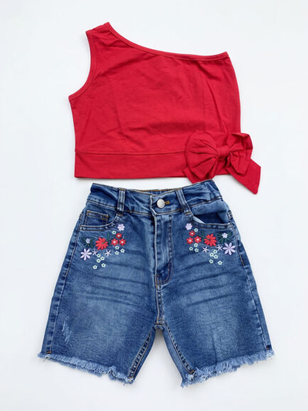 Floral Embroidered Denim Shorts Set