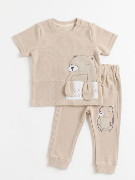 Cute Bear Waffle-Knit Two-Piece Set